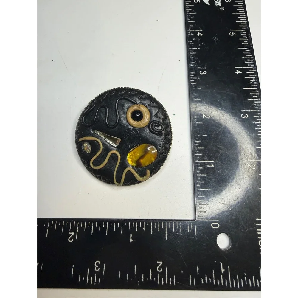 Artisan Abstract Face Mixed Media Brooch Pendant Amber Opal Tones Black 2